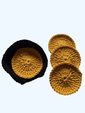 Crocheted Cotton Round Face Scrubbies-Set Of 5 With Holder-Black and Gold